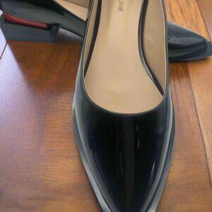 Lingxiaune Black Patent Leather Block Heel Shoes Red Accent